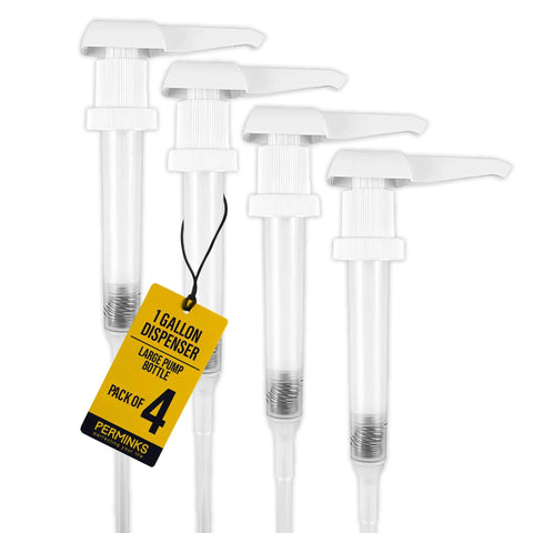 1 Gallon Pump Dispenser - Gallon Pump for Shampoo, Detergent, Lotion & Body Wash, set of 4, shown with label, white heads, clear tubes