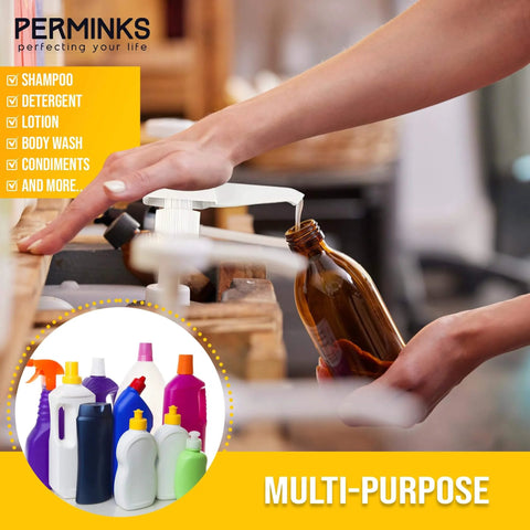 Person using 1 Gallon Pump Dispenser - Gallon Pump for Shampoo, Detergent, Lotion & Body Wash, 4 Pack for filling brown bottle
