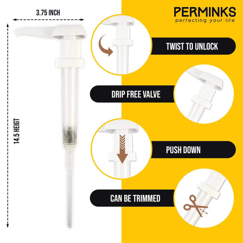 Infographic showing 1 Gallon Pump Dispenser features: twist to unlock, drip-free valve, push down mechanism, trimmable design. Height 14.5 inches, width 3.75 inches. Focus keyword: 1 Gallon Pump Dispenser - Gallon Pump for Shampoo, Detergent, Lotion & Body Wash, Liquid Dispenser Pump for Condiments, Syrups & Flavorings, Pump Dispenser for Epoxy, Glue and Paints - 4 Pack.