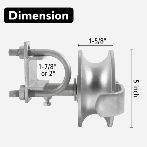 Side view of Five Inch Sliding Gate Rollers Two Pack For Chain Link Gates, Compatible With Two Inch Gate Frame And One And Five Eighths Inch Track Pipe, Galvanized Steel Wheel Hardware For Durable, Rust Resistant Gate Operation, showing dimensions.