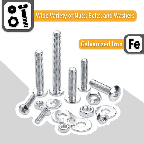 113 Piece Bolts Nuts And Washers Assortment Kit Galvanized Iron Hardware Set For Home Repair, display of galvanized fasteners.