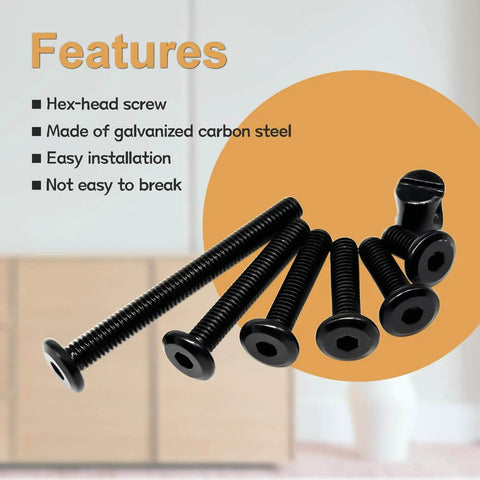 67 Piece M6 Crib Hardware Replacement Kit For Bed Frames And Furniture Cribs With M6x12mm M6x20mm M6x25mm M6x30mm M6x40mm M6x60mm Bolts And Nuts Includes One Wrench And 33 Barrel Nuts Galvanized Carbon Steel For Rust Proof Durability showing hex-head screws on wooden surface.