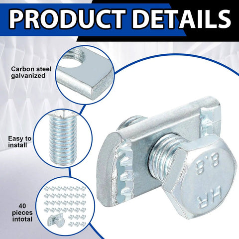 40 Piece Channel Nut And Bolt Set For One And Five Eighths Inch Strut Channel Galvanized Steel Fasteners For Construction Sites Factories And Industrial Installations, close-up view of a galvanized steel nut and bolt.