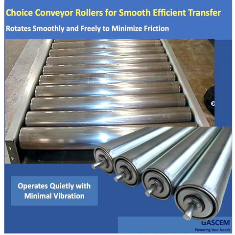 Galvanized steel conveyor rollers for smooth operation and stable alignment in automation systems, showcasing assembly and individual rollers.