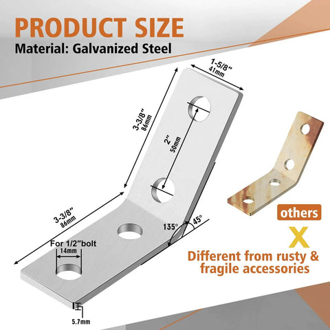 8 Piece 45 Degree Angle Brackets for 1-5/8 Inch Strut Channels with Four Hole Corner Braces Galvanized Steel 7/32 Inch Thick Delivering Durable Corrosion Resistant Framing Connectors for Fast Reliable Installations product diagram