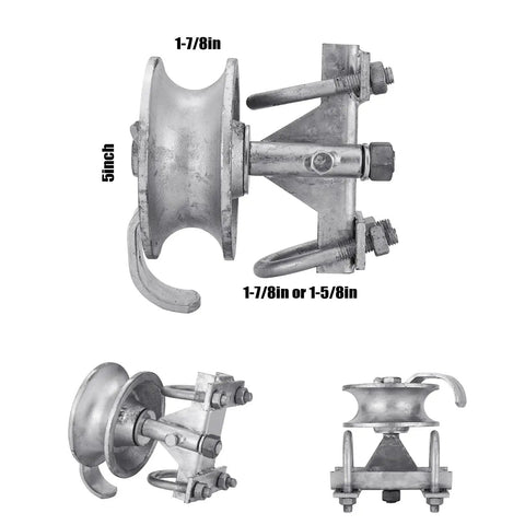 Sliding Gate Rollers Five Inch Wheel Size Galvanized Steel Hardware Kit For Two Inch Gate Frame And One Seven Eighths Inch Or One Five Eighths Inch Track Pipe Includes Double U Bolt For Chain Link Gates Pack Of One.