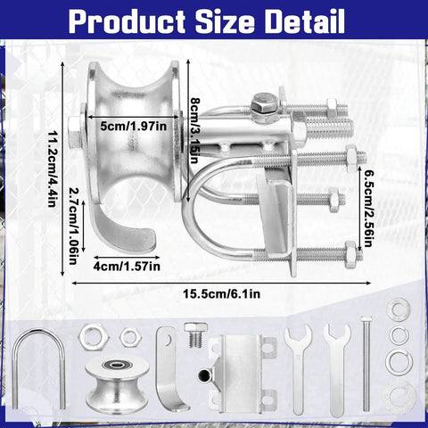 Product dimensions of 2 Pack Sliding Gate Rollers For Chain Link Gates, rear pipe track wheels, heavy-duty galvanized.
