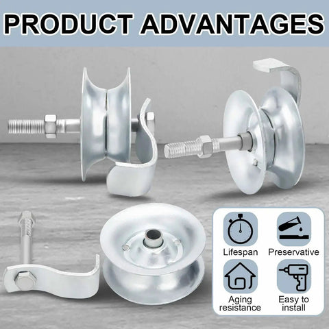 2 Pack 5 Inch Sliding Gate Rollers Galvanized Steel Pipe Track Gate Hardware Kit For One And Five Eighths Inch Pipe Track Fence, Designed For Smooth Quiet Operation, Rust Resistant, Durable Rollers, Easy Installation With Mounting Hardware Included.