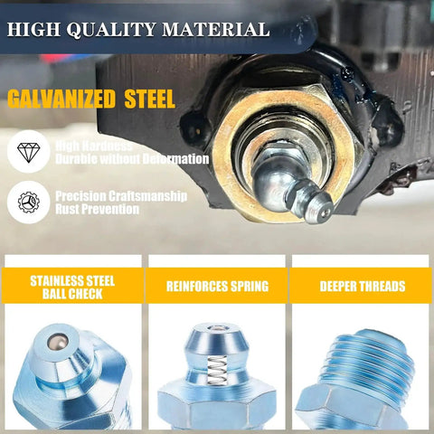 All In One Grease Fittings Kit With 405 Pcs SAE And Metric Zerk Fittings Including NPT One Quarter Inch galvanized zerk fitting close-up