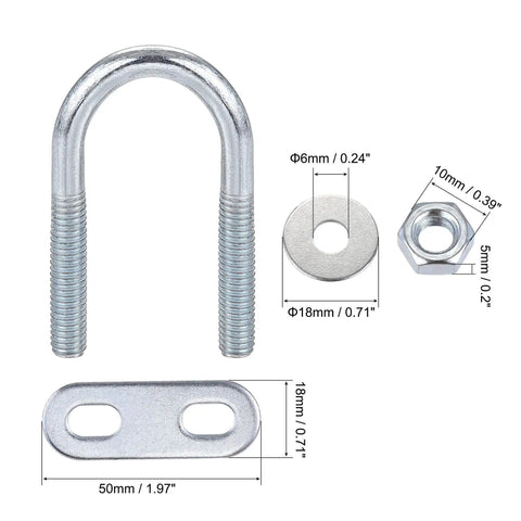 Versatile round U bolt kit with M6 threads, 50mm length, 20mm inner width, includes a nut, plate, and washer for mounting