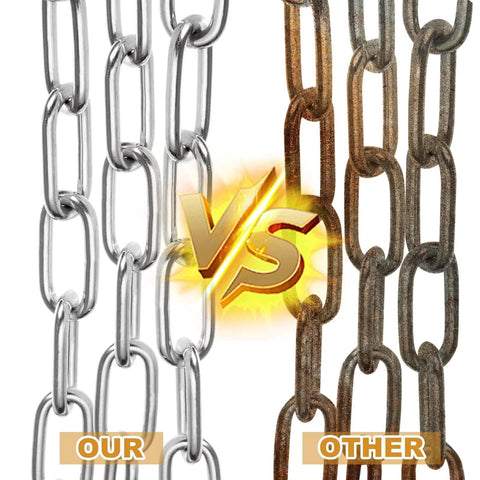 Comparison of 8M Galvanized Metal Coil Chain vs rusted chain, highlighting durability and quality difference for smooth motion, 1/8In × 26.25Ft use.
