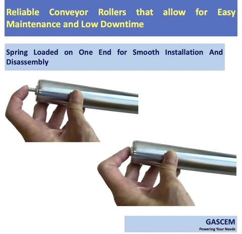 Set Of 2 Heavy Duty Galvanized Steel Conveyor Rollers For Roller Conveyor Systems shown with spring-loaded axle feature.
