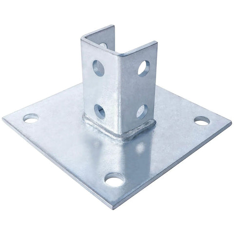 Durable galvanized steel post base provides secure support for single strut channel, square 4-hole mounting plate, 6x6 inch base