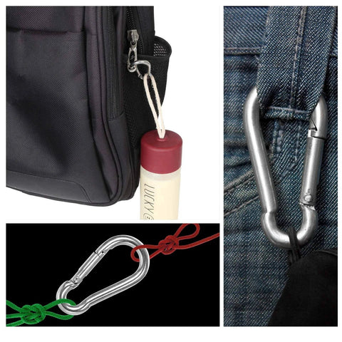 Sixty Pack Heavy Duty Galvanized Steel Carabiner Clips M8 Three And One Eighth Inch Spring Snap Hooks Quick Links shown in use