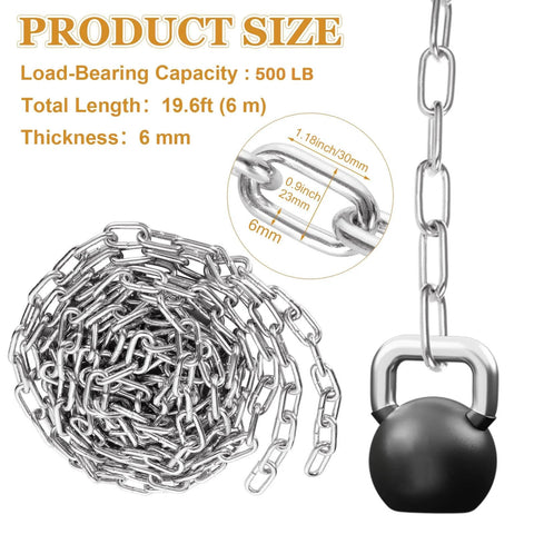 19.6ft (6 m) Length Galvanized Steel Chain, 0.23 Inch(6 mm) Heavy Duty Coil Chain, Stainless Steel Link Chain with measurements