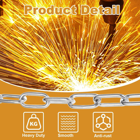 Close-up of galvanized steel decorative chain links with sparks, showcasing smooth, heavy duty, anti-rust features in action.
