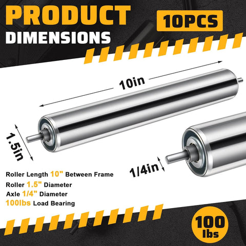 Product dimensions of 10 Pcs Conveyor Rollers Galvanized Steel Roller 10'' in Length and 1.5'' in Diameter 1/4'' Axle Diameter