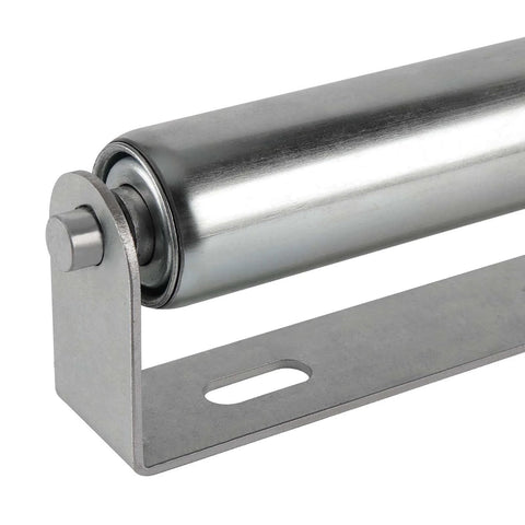 Conveyor Rollers, 2 Pack 10 Inches Long Galvanized Steel Roller and Bracket Set, 1.5 Inch Diameter, close-up of roller and bracket