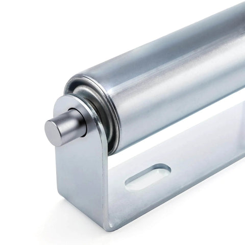 ✝️ 4 Pack 10 Inch Long Roller and Bracket Set with 1.5" Diameter, Galvanized Steel Conveyor Roller, angle view.