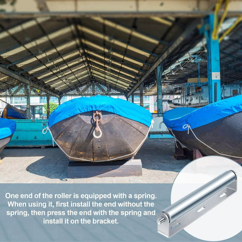 Inside view with boats in storage and insert of ✝️ 4 Sets 1.5'' Diameter Conveyor Rollers with Stands 10'' Galvanized Steel Long Roller and Bracket Set