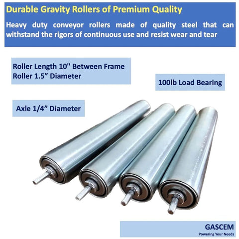 1.5" Dia 10"BF Length Galvanized Steel Conveyor Roller, Axle Diameter 1/4" I Pack of 4 Replacement Steel Rollers shown