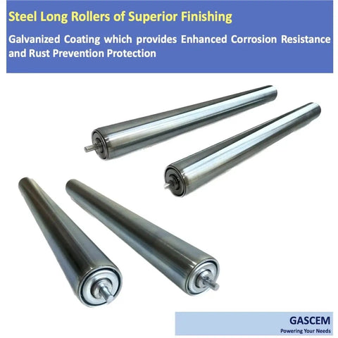 Set Of 2 Heavy Duty Galvanized Steel Conveyor Rollers For Roller Conveyor Systems with 16 Inch Between Frame Length displayed on white background.