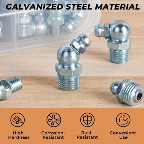 Galvanized steel grease fittings from 250 Pcs SAE And Metric Grease Fittings Assortment With Wrench Kit for maintenance