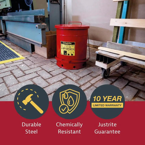 6 Gallon Galvanized Steel Oily Waste Can With Foot Pedal Self Closing Lid For Oil Rag Disposal OSHA Compliant Made In USA Red 16 By 12 Inch Elevated Bottom For Air Circulation To Reduce Heat Moisture And Rust in industrial setting
