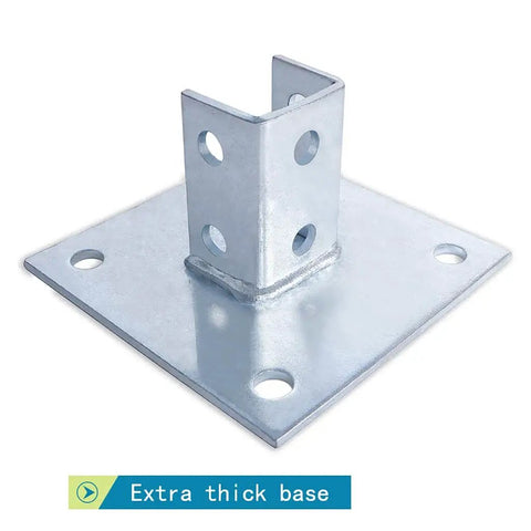 Durable galvanized steel post base provides secure support for single strut channel, square 4-hole mounting plate, 6x6 inch base.