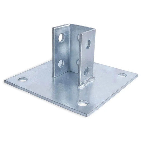 Durable galvanized steel post base provides secure support for single strut channel, square 4-hole mounting plate, 6x6 inch base