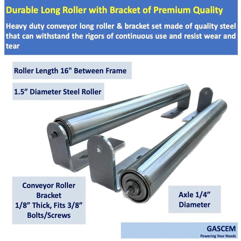 Long Roller with Bracket Set 16 Inch Length 1.5 Inch Diameter Galvanized Steel Rollers with Mounting Brackets for material handling