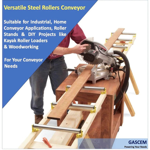 Person using long roller with bracket set for woodworking outfeed table; long roller with bracket set 16 inch length 1.5 inch diameter galvanized steel