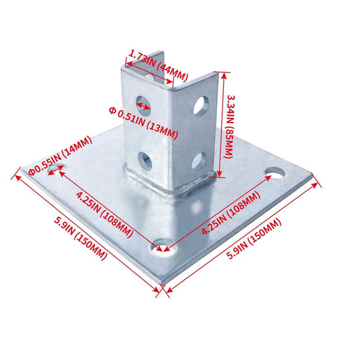 Durable galvanized steel post base provides secure support for single strut channel, square 4-hole mounting plate, 6x6 inch base.