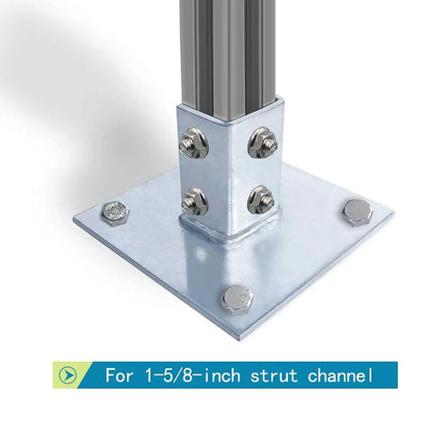 Durable galvanized steel post base provides secure support for single strut channel, square 4-hole mounting plate, 6x6 inch base