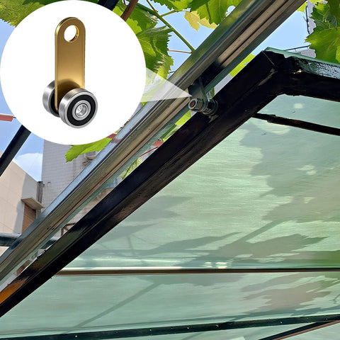 2 Wheel Trolley Assembly Rollers for 1-5/8 Inch & Taller Strut Channel, installed on a green ceiling structure, showing galvanized steel wheels.
