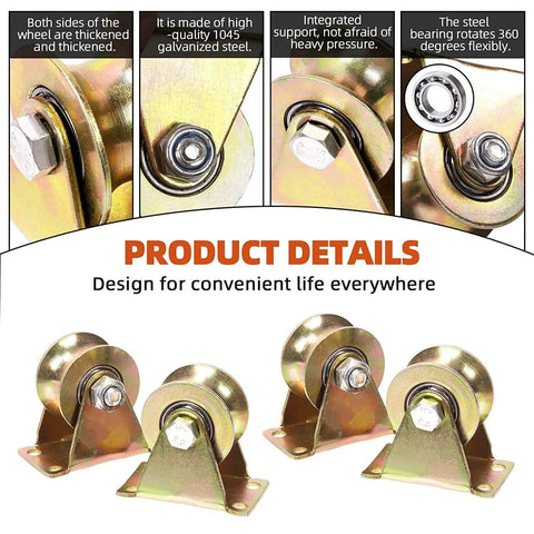3-Inch U-Groove Caster Wheels with Bracket - Load Capacity 1102lbs, galvanized steel, feature details and multiple views