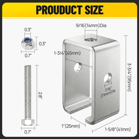 Heavy-duty galvanized channel trolley track hanger bracket for 1-5/8 inch UNISTRUT systems with dimensions and bolt