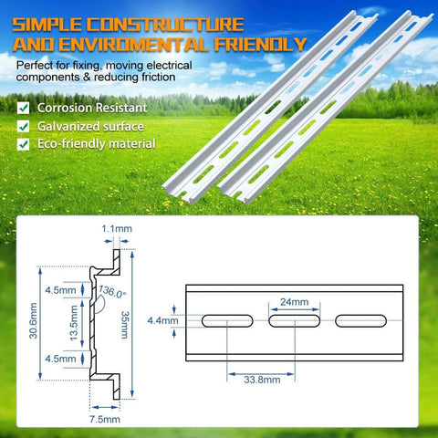 Diagram of corrosion-resistant metal rail with measurements, eco-friendly material, and galvanized surface for electrical components.