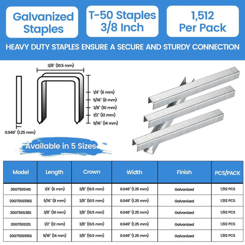 Diagram and image of Galvanized T50 Staples Three Eighths Inch Length 20 Gauge For T50 Staple Gun Upholstery Woodworking 1512 Count Pack