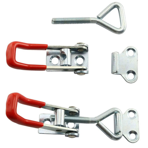 Durable latch set with metal clip and plastic grip handle provides a secure, comfortable grip; small side-mount toggle clamps