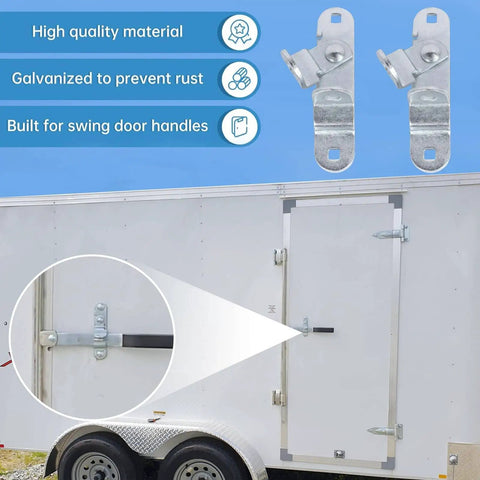 Durable door latch keeper for enclosed trailers, fits standard padlocks and race bar locks, shown installed on trailer door.