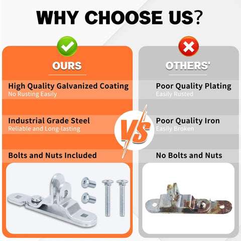 Comparison of durable cargo trailer door hasp latch kit with screws and nuts versus inferior latch, highlighting quality differences.