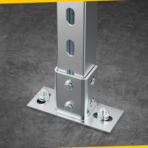 Four-pack U post base brackets for 1-5/8 inch strut channel provide secure floor ground mounting with galvanized carbon steel construction and a 220 lb load rating per base, ideal for durable outdoor or industrial setups.