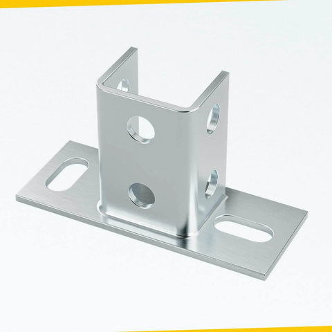 Four-pack U post base brackets for 1-5/8 inch strut channel provide secure floor ground mounting with galvanized carbon steel construction and a 220 lb load rating per base, ideal for durable outdoor or industrial setups. Close-up view of a single galvanized post base with mounting holes, showing sturdy construction and a metallic finish.