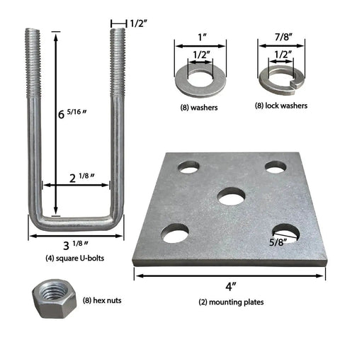 Heavy duty 1/2 inch galvanized U bolts and plate kit designed for boat trailer axles and leaf springs, includes washers, lock washers, mounting plates, and hex nuts.