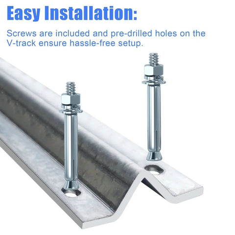 Galvanized Inverted V Track Rail Set, 6 Ft Long, Heavy Duty Sliding Gate Track For 4 Pack With Pre Drilled Holes And Stainless Hardware Kit, Ideal For Driveway Gates, Barn Doors And Cabinets, Modular Length For Seamless Multi Section Installation close-up showing screws and pre-drilled holes.