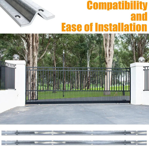 Galvanized Inverted V Track Rail 6 Ft Pair With Pre Drilled Holes And Stainless Hardware Kit installed on driveway gate
