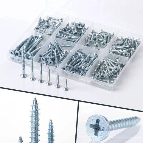 Wood Screws Assortment Kit 152 Pcs Silver Phillips Screws in 6 Sizes, sturdy case, close-up of galvanized silver screws.
