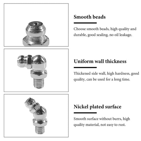 60 Piece Galvanized Grease Fittings Kit With 1 Quarter Inch And 1 Eighth Inch Zerk Fittings, nickel-plated surface, smooth beads