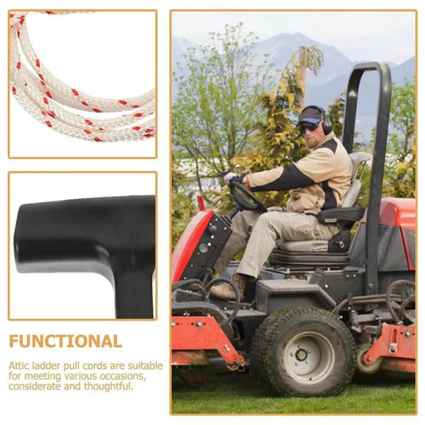 Two Pack Garage Door Emergency Release Pull Rope Kit with plastic handle shown with rope detail and man operating machinery outdoors.